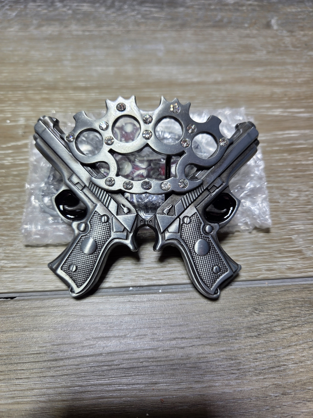 Rhinestone Crossed Revolver Pistol Western Metal Belt Buckle Silver